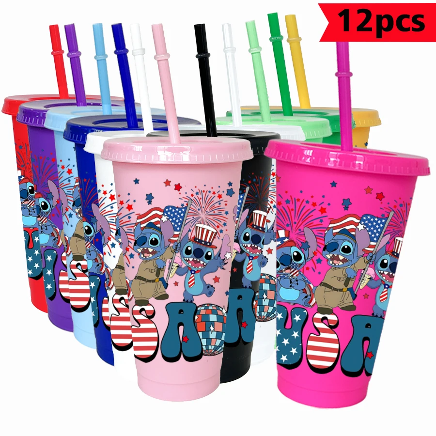 

12 шт./упак. Disney Stitch Fireworks, 26 унций, цветной пластиковый стакан, посуда для питья на день рождения, кружка для сока, кофе