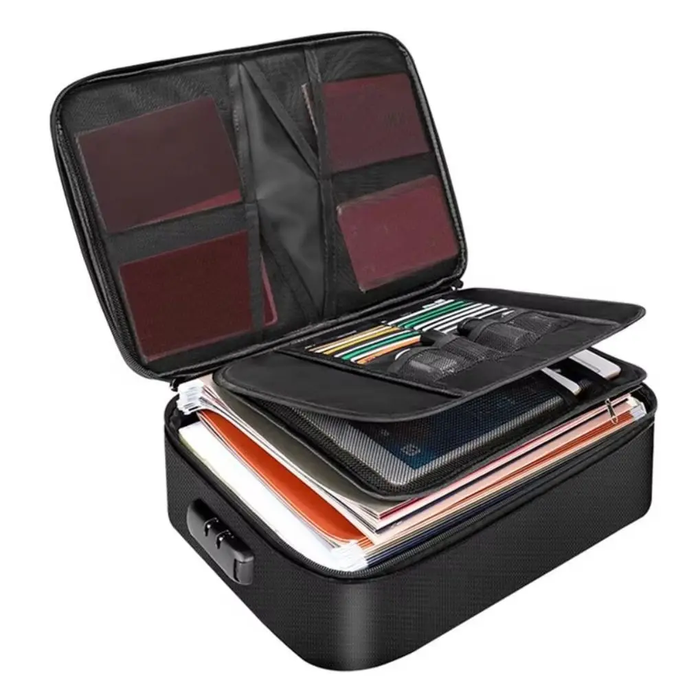 Double Zipper Fireproof Document Bag Code Lock 3-Layer Design Money File Bags Large Capacity Waterproof Document Storage Box