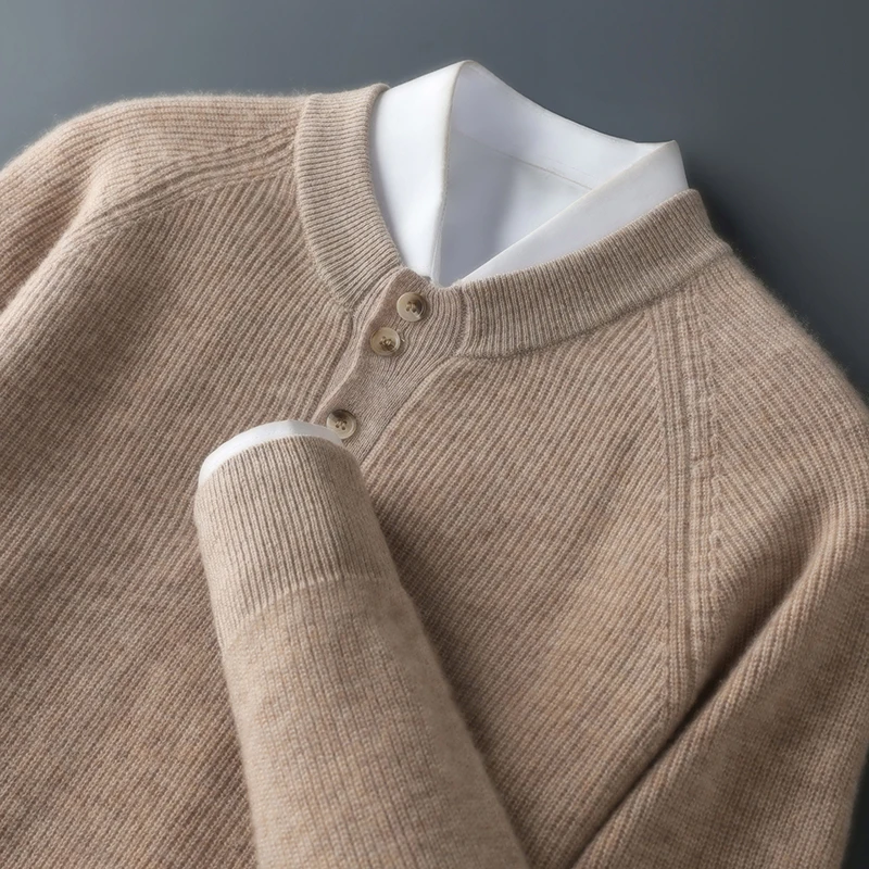 

Temperament Men's 100% Merino Wool Henley Collar Long Sleeve Hoodie Autumn Winter Casual Comfort Sweater Warm Soft Simple Knit