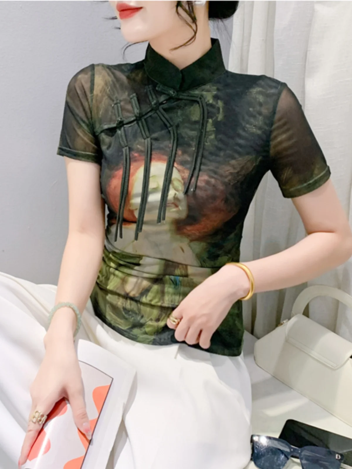 Retro chinesisches Sle T-Shirt mit Knopfdesign ort Sve Stehkragen Schöner Druck Sexy Me Top Sommer Pendeln Sle