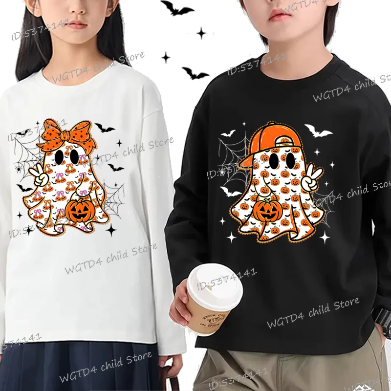 

Matching Halloween Kids Long-sleeved T-shirt Funny Halloween Pumpkin Bow Ghost T-shirts Sibling Boy Girl Spooky Season Clothes