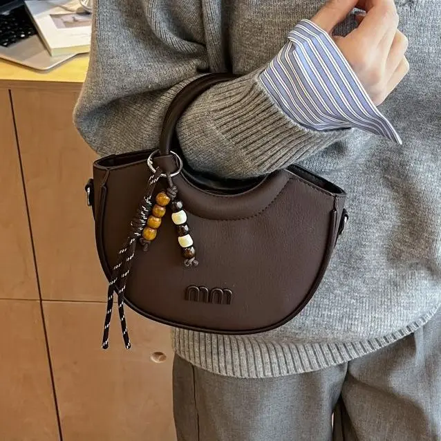Retro Mini Half Moon Handbag for Women PU Leather Crossbody Bag with Detachable Strap Bead Charm Casual Daily Purse Bolso Mujer image 3