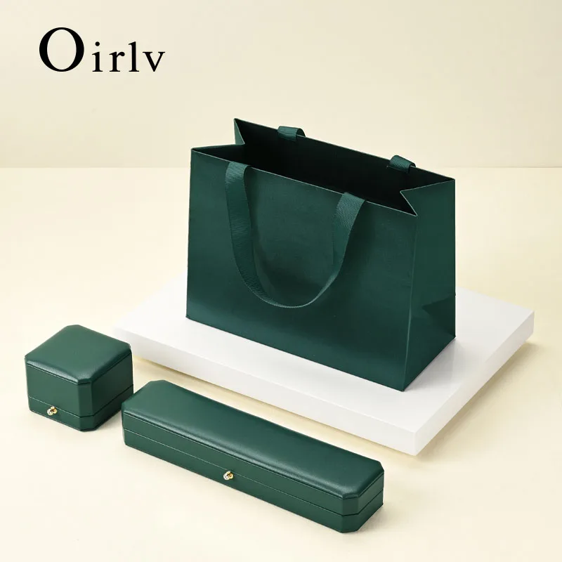 Oirlv Customizable Jewelry Gift Paper Bag with Green Ribbon Handbag Jewelry Storage Pouch for Packaging