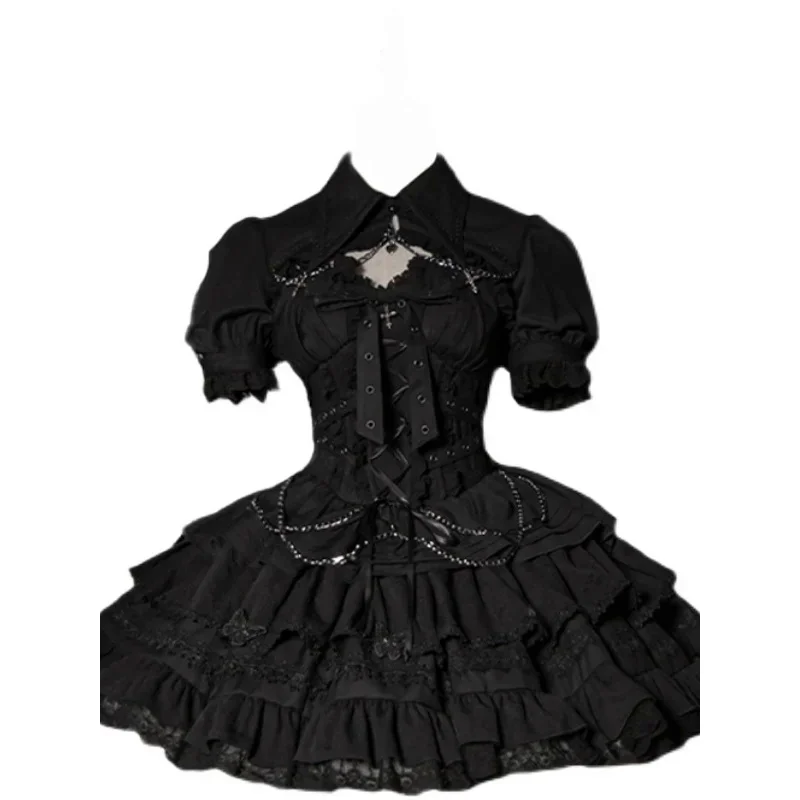 Short Sleeves Lolita Black Dress Goth Aesthetic Puff Sleeve High Waist Vintage Bandage Trim Party Gothic Clothes Dress Woman