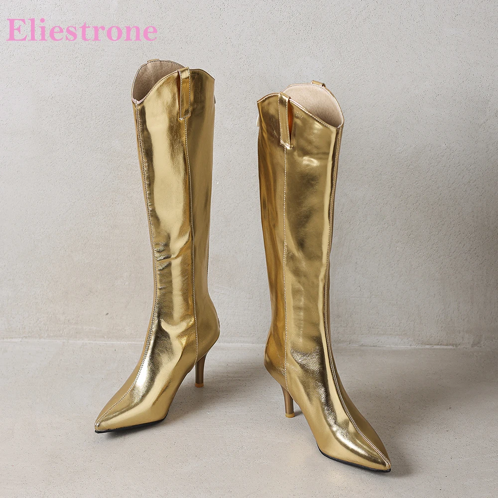 

2025 New Winter Mature Silver Gold Women Knee High Boots Sexy 8cm High Thin Heels Lady Dress Shoes Plus Big Size 12 43 45 48