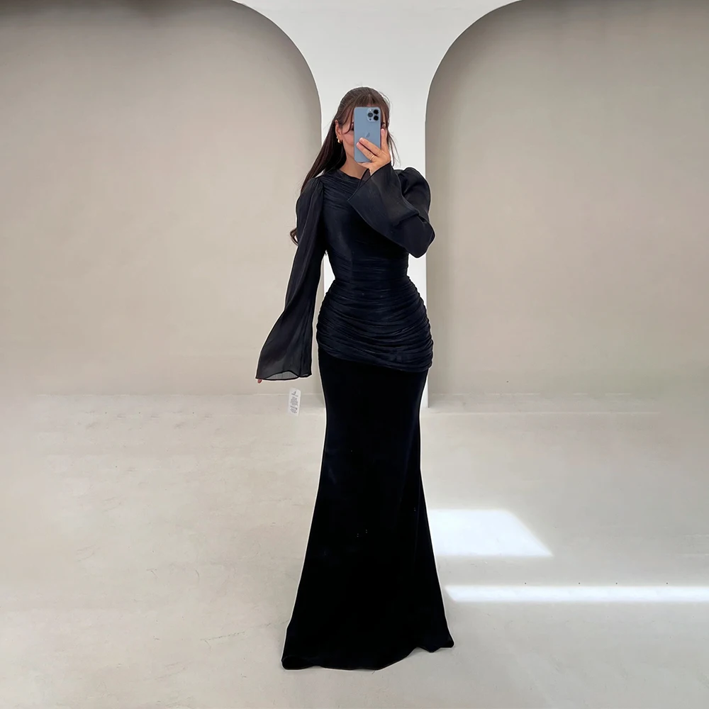 

Evening Dresses Long Sleeve Crepe Mermaid Dress Ruffled Round Neck Prom Dresses Formal Cocktail Gowns فساتين سهرة