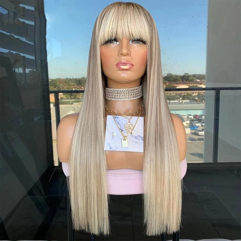 13X4 Straight Transparent Lace Front Wig with Bangs Ash Grey Blonde Highlights Colored Virgin Human Hair Frontal Wigs 180%