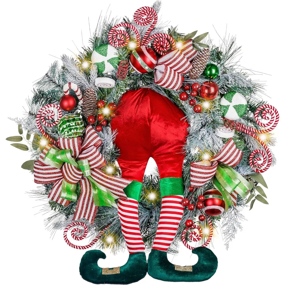 30 Inch Pre-Lit Christmas Wreath for Front Door with Lights, Large Elf Lighted Christmas Wreath with Red Green White