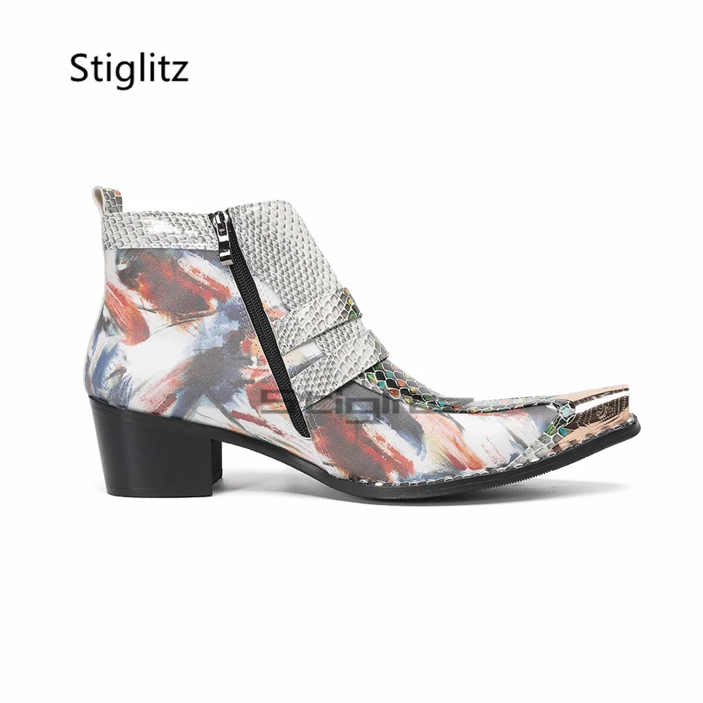 Prints Alligator Leather High Heels Chelsea Boots for Men Double Buckle Patchwork Metal Pointed Toe Ankle Boots Business Shoes