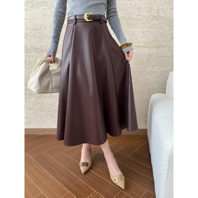 Free belt, Ankara red, commuting style French pleated temperament A-line leather skirt