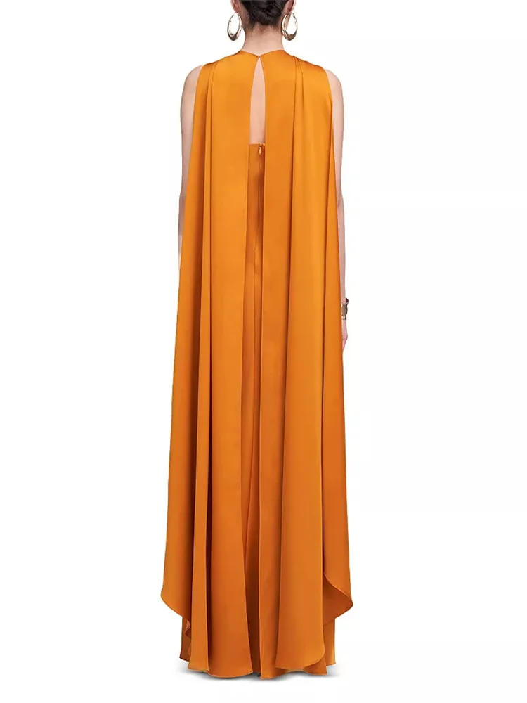 Elegant Satin Round-neck Halter Cape Gown Sleeveless Back-neck Fastening Two-piece Slim-fitting Cape Dress With Draped Back