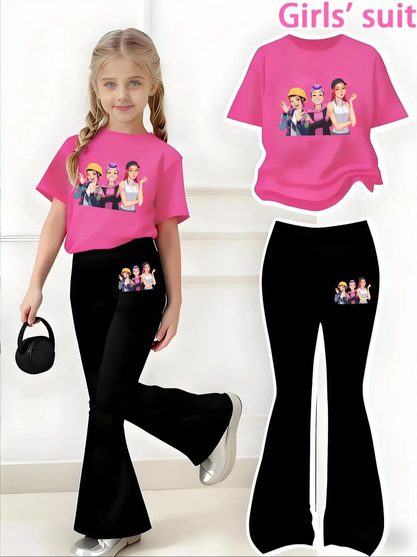 Sommerliches, kurzärmeliges Freizeitoutfit für Mädchen mit Anime-Charakter-Print, normales kurzärmeliges Oberteil und ausgestellte Hose, zweiteiliges Set, geeignet für Mädchen im Alter von 4–12 Jahren, vielseitige Kleidung für Zuhause und Ausflüge – Detail 2
