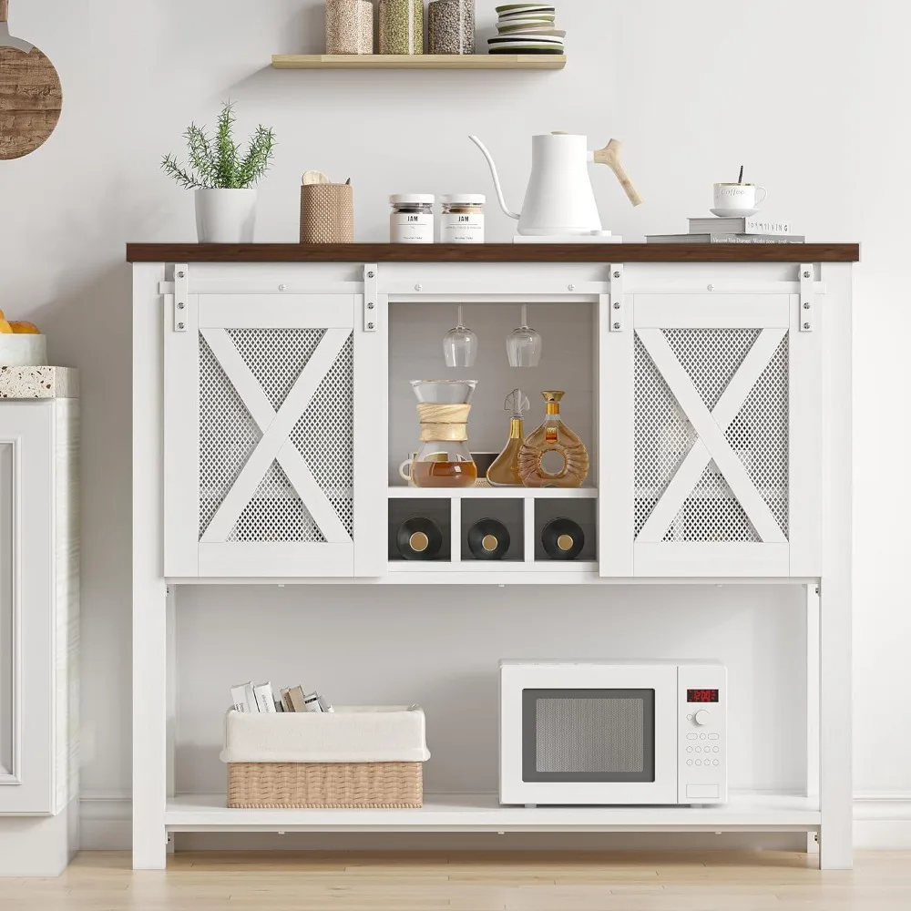 

Farmhouse Wine Cabinet, Coffee Bar Sideboard Cabinet Storage, Console Table with Sliding Barn Doors, Entryway Table with Glass R