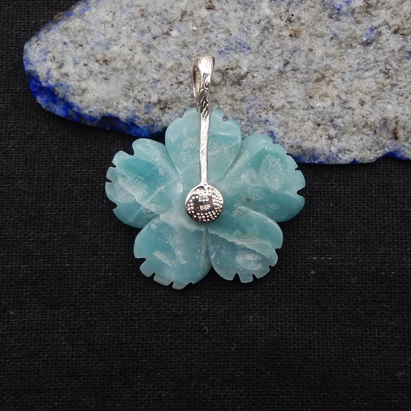 925 Sterling Silver Pendant,Natural Stone Amazonite Handcarved Flower Pendant Women Gift 32x35x6mm 9g