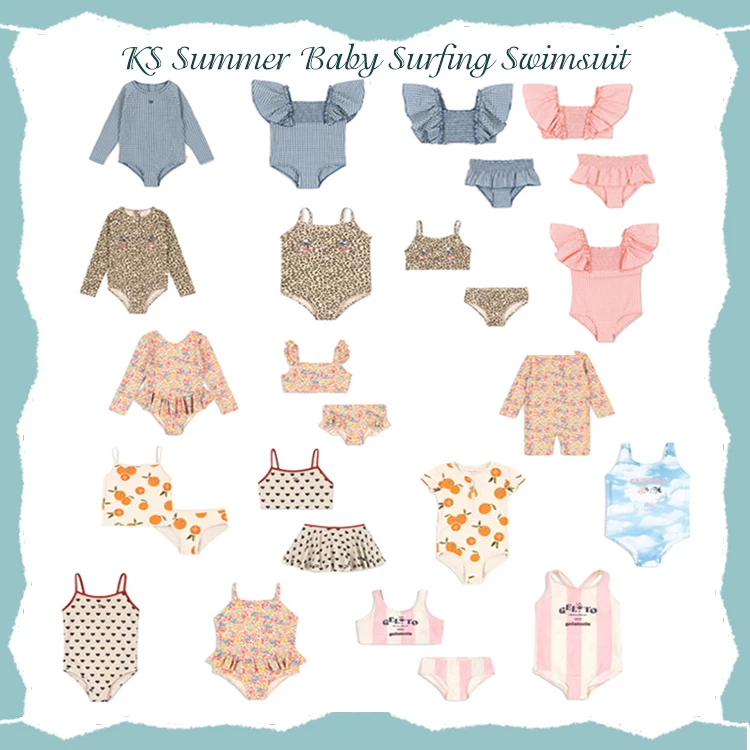 KS Summer Baby Surfing Swimsuit Girls Bikini Ruffle Swimwears Children Boy Sequin Cherry Strawberry Beach Wear Princess Monokini