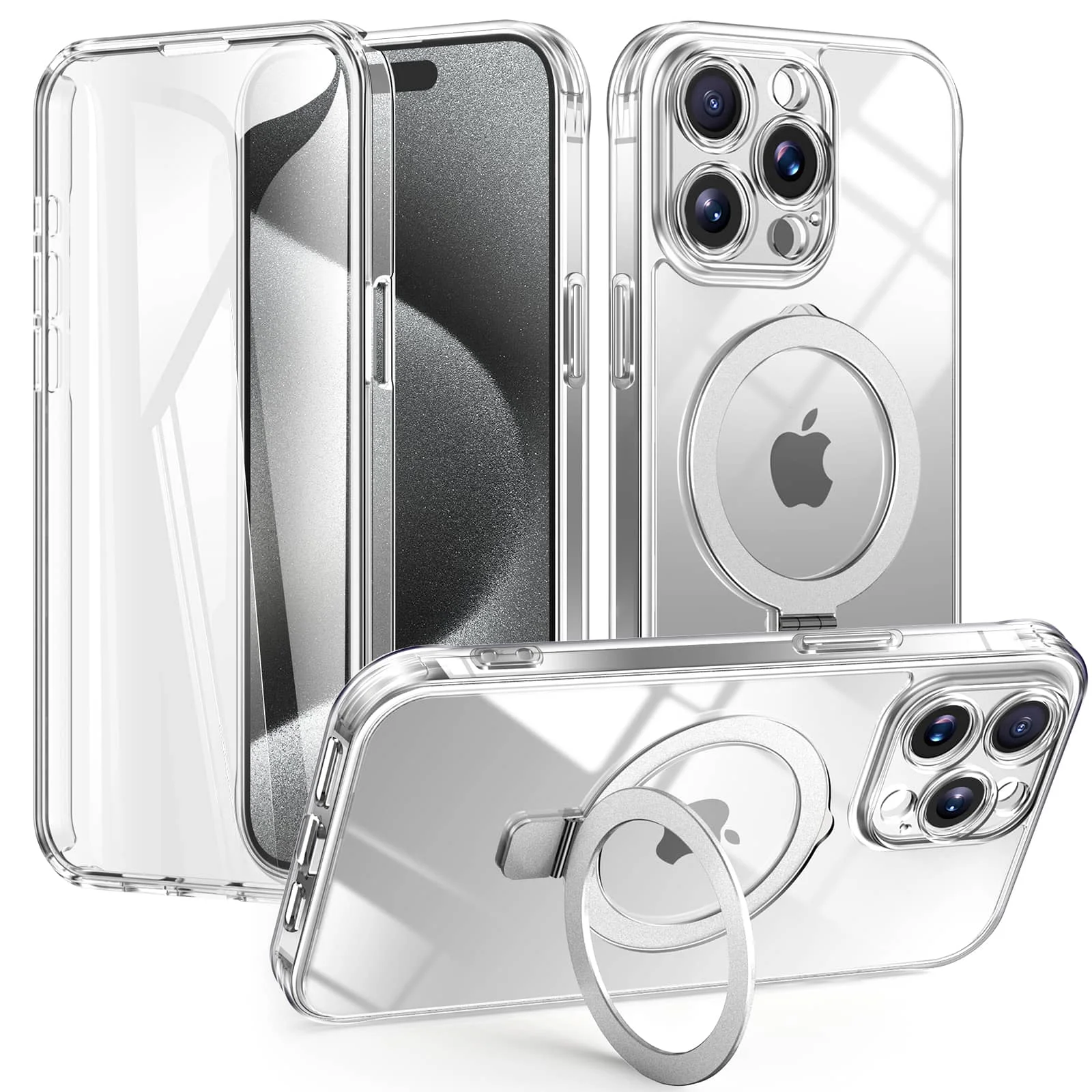 

Чехол для iPhone 16/15/14/13 Pro Max 16 15 14 Plus, Встроенный протектор экрана из ПЭТ с кольцом-держателем и подставкой, чехол на весь корпус