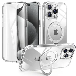 Case for iPhone 16/15/14/13 Pro Max 16 15 14 Plus, Built-in PET Screen Protector with Ring Holder Kickstand, Full Body Cover