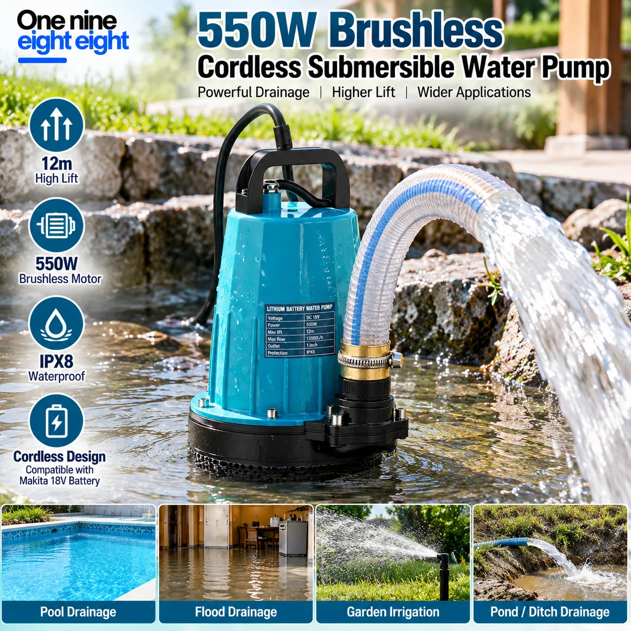 550W Brushless Cordless Submersible Water Pump 12m High Lift IPX8 Waterproof DC Drainage Pump Compatible with Makita 18V Battery