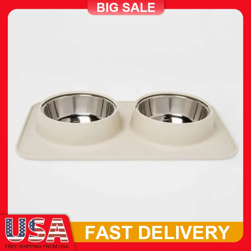 

Silicone Pet Food Mat with 2 Removable Stainless Steel Bowls Double Diner Non Slip Dishwasher Safe Dog Cat Feeder 35 Cups