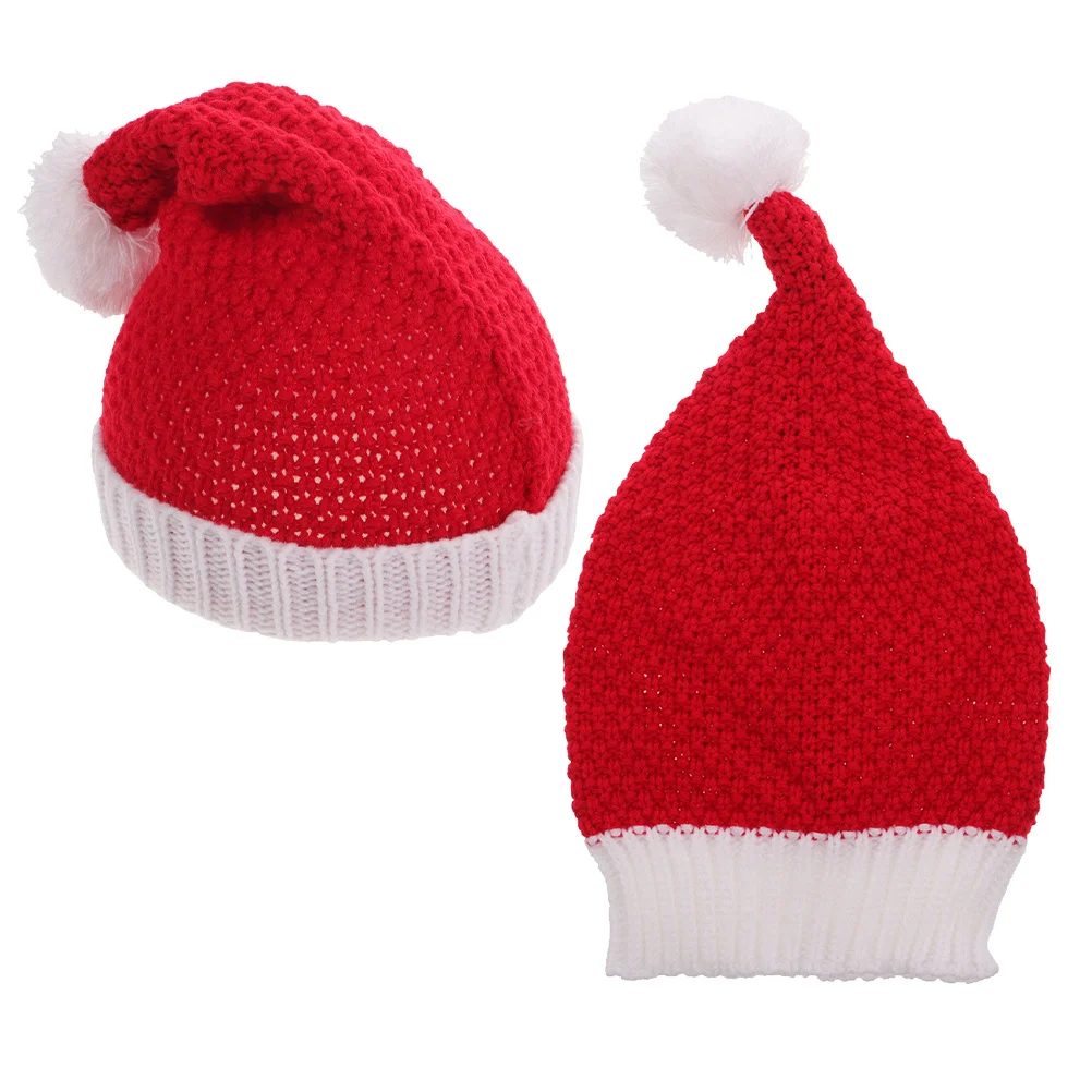 

2Pcs Santa Hat Red Knitted Christmas Beanie Warm Xmas Party Cap Unisex Winter Headwear Christmas Beanie Hat Santa Knit Cap