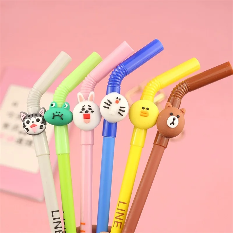 

0.5mm Kawaii Soft Rubber Straw Animal Cat Dog Rabbit Bear Duck Face Smile Gel Ink Pens Cute School Office Writing Supplies Gift