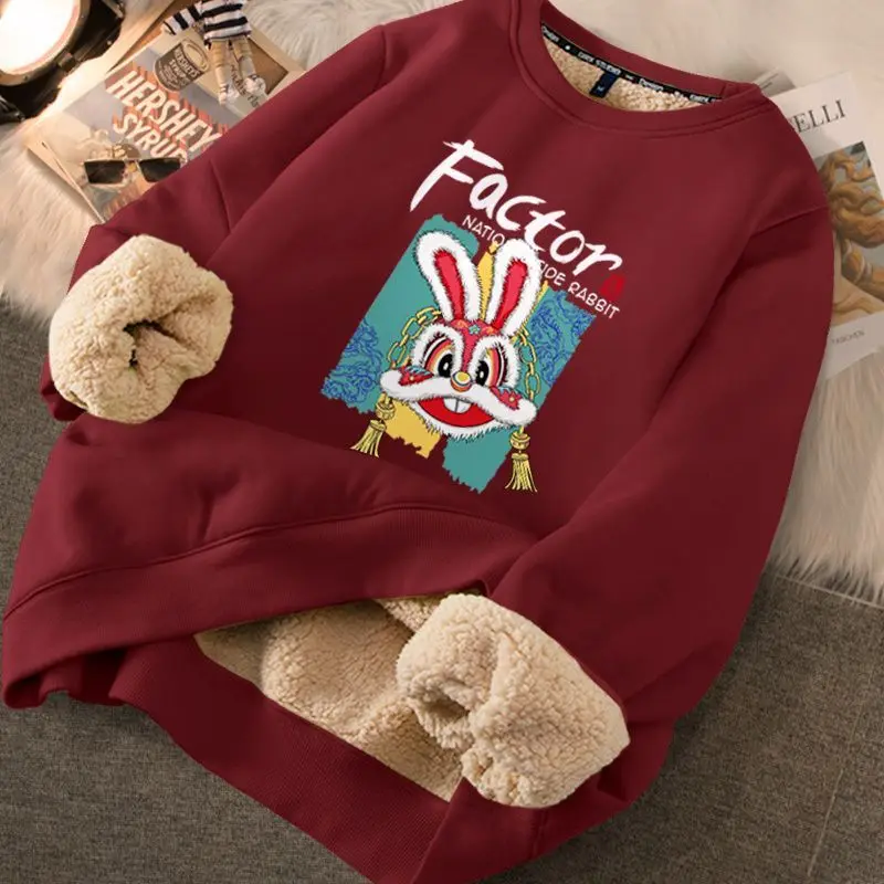 Velvet Rabbits Sweatshirts Women Red New Year Loose Harajuku Autumn Clothing Lovely Sudaderas Ropa Mujer 9 Colors All-match Chic