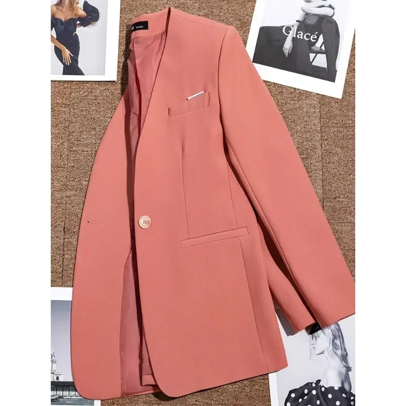 Pink Yellow Women Formal Blazer For Autumn Winter Female Long Sleeve V-Neck Office Ladies Business Work Wear Jacket