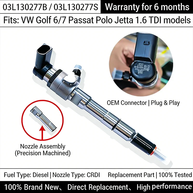 

03L130277B 03L130277S Diesel Fuel Injector For VW Golf 6/7 Passat Polo Jetta Audi Skoda 1.6 TDI Replacement A2C59513554 A2C96260