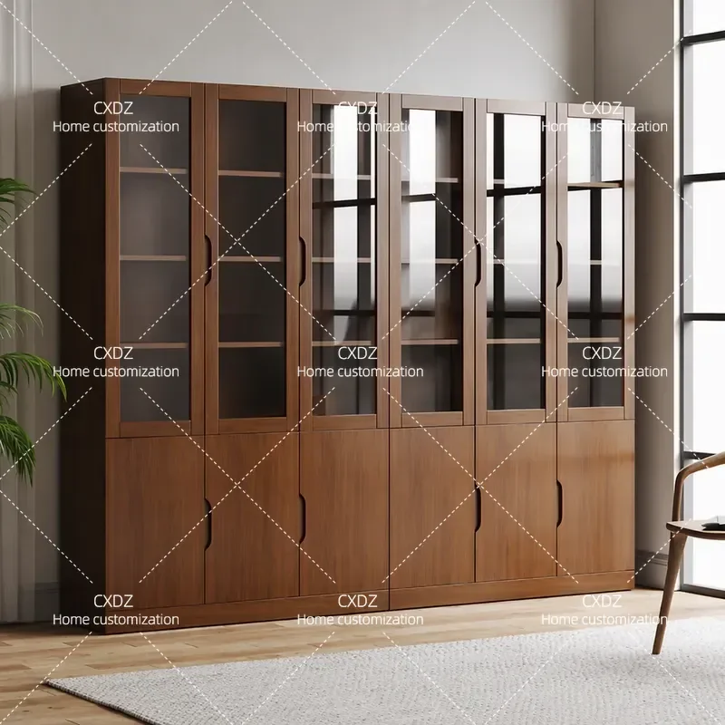 Solid Wood Oak Bookcase with Glass Door Modern Simple Home Bookshelf Nordic Style Floor to Ceiling Office File Cabinet