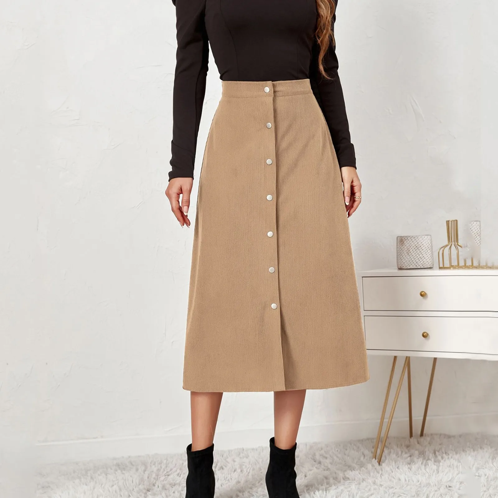 Women Corduroy A-Line Midi Skirt Summer Female Button Single Breasted High Elastic Waist Vestidos Office Lady Casual Midi Skirts