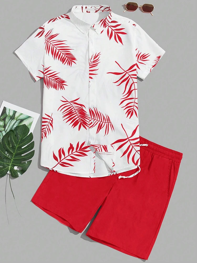 Summer Fashion Men's Shirtwear Elegant Leaf Print Short Sleeve Lapel Short Sleeve Shirt Drawstring Shorts Hawaii Two Piece Set