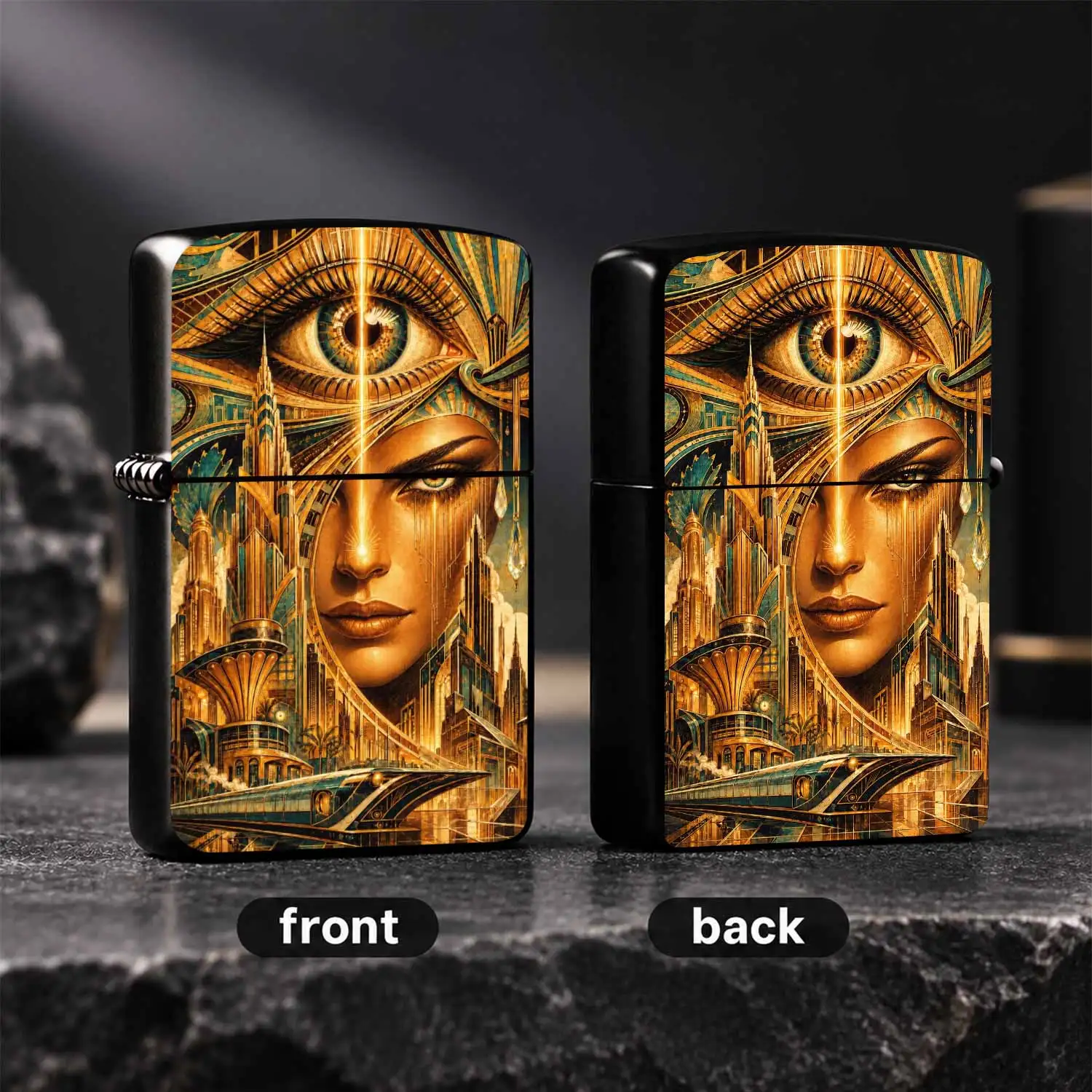 Art Deco Gilded Fantasy Decor Lighter, Retro Futurism MetropolisAll-Seeing Eye Exquisite Craftsmanship, Suitable for Daily Outings, Gatherings,and Gifting for All Scenarios A Humorous And Interesting Lighter