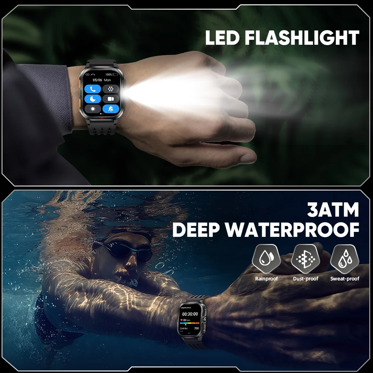 LIGE Fashion Military Smart Watch Men Flashlight 3ATM مقاوم للماء في الهواء الطلق الرياضة المقتفي معدل ضربات القلب بلوتوث دعوة الرجال Smartwatch