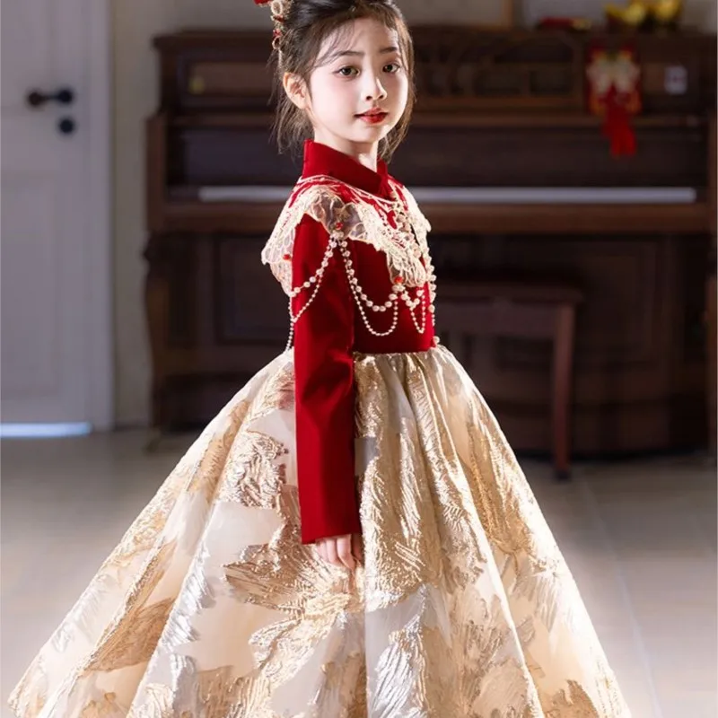 

Красное вечернее платье с длинными рукавами для девочек, детское свадебное платье принцессы, детское осенне-зимнее платье для выступлений на фортепиано LI858