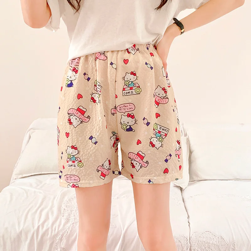 Anime Cartoon Sanrio Hello Kitty Pajama Pants Summer New Women's Bubble Cotton Crepe Sweet Shorts Home Clothes Walking Pants