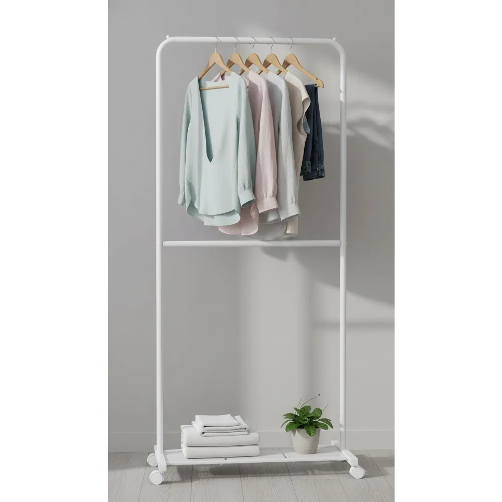 

Портативная вешалка для одежды на колесиках с полкой для хранения, органайзер для одежды с двумя стержнями для спальни, сверхмощная емкость 110 фунтов, белый