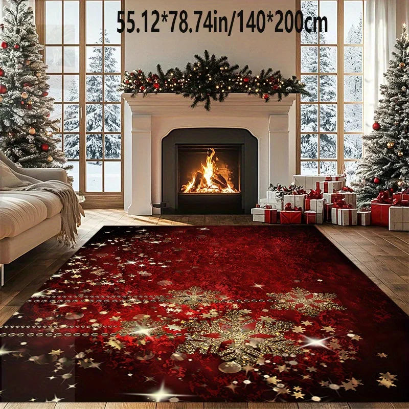1pc Large Dark Red Golden Snowflake Christmas Rug, Sparkly Festive Floor Mat for Living Room, Bedroom, Holiday Home Decor