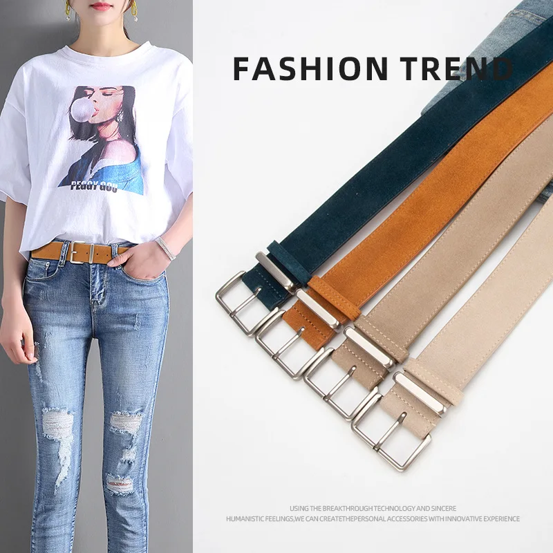 

Двухслойный женский модный высококачественный кожаный ремень из воловьей кожи с джинсовой юбкой, матовый реверсивный бархатный кожаный ремень