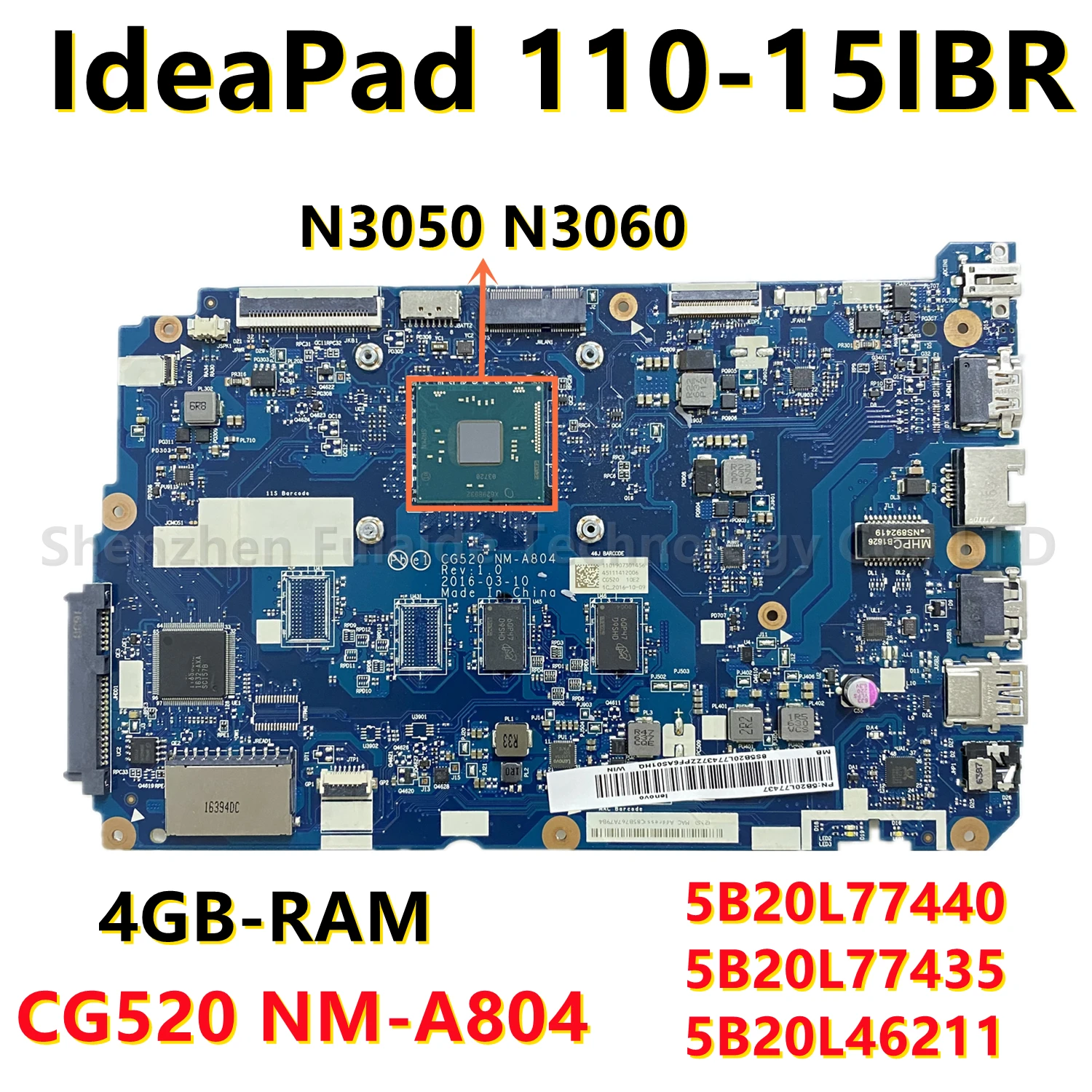 Материнская плата для ноутбука Lenovo IdeaPad 110-15IBR 5B20L77440 5B20L77435 5B20L4621 с N3050 N3060 4G-RAM CG520 NM-A804 клавиатура