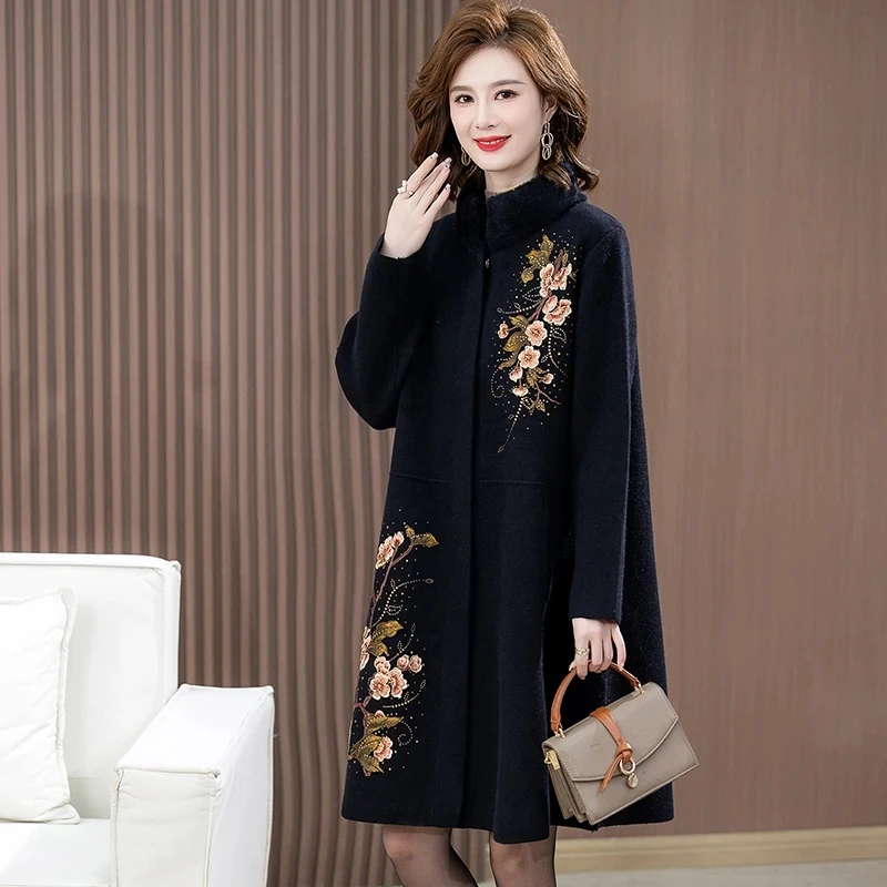 Middle-aged Elderly Mother Woolen Jacket Autumn Winter Double-sided Cashmere Wool Outwear Women High Quality Long Coat 5XL