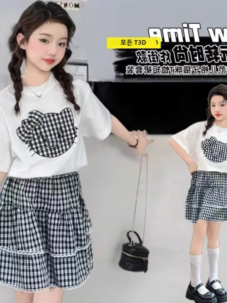 

Girls Casual Plaid Set Summer Faionable ort Sve Skirt Two Piece Set Trendy Print f Sve Dr Kids Outfit