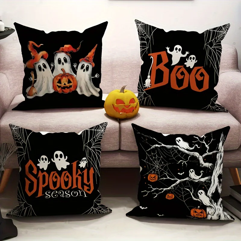 4pcs Set Halloween Decorative Pillowcase 18X18 Inches Single-Sided Printing with Scary Pumpkin Witch and Dead Tree Pattern
