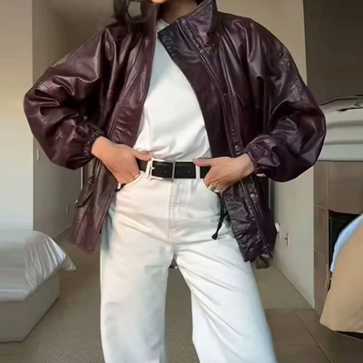 Faionable ort Leather Jaet Donna Autunno 2025 Personali Colletto rialzato che nasconde la vita ket Dettaglio Ele Capispalla