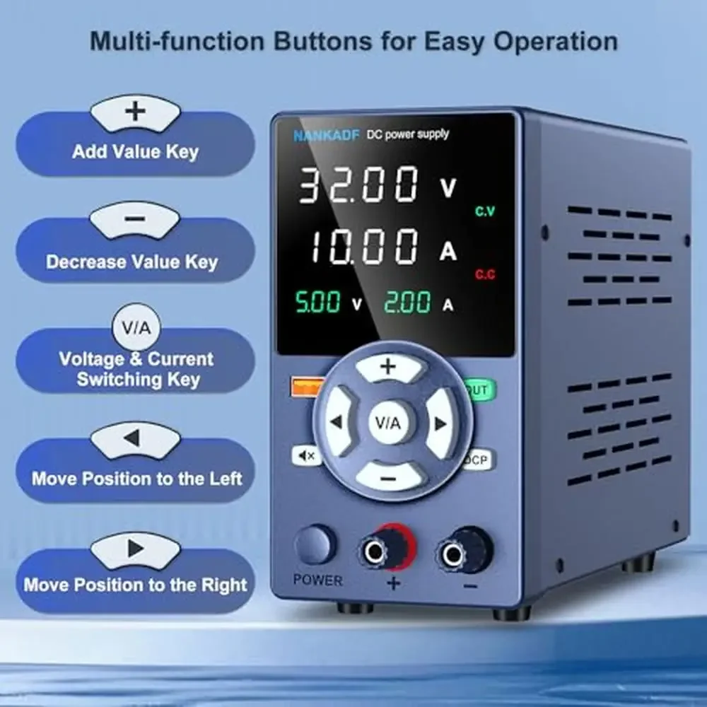 DC Power Supply Variable with Output Button USB Fast Charging Port OCP Short Circuit Alarm Bench Power Supply USB Output Display