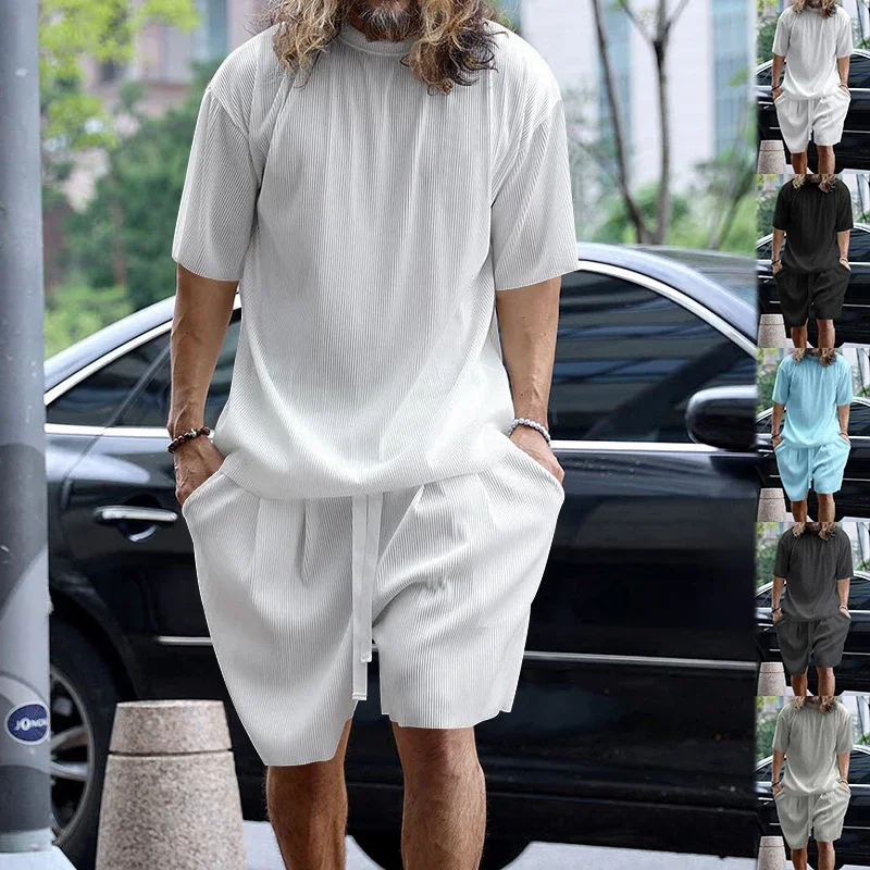 Pop  Summer European-style Fashion Suit For Men's Loose Plus Size Breathable Comfortable Short Sleeve Shorts Two-piece Set