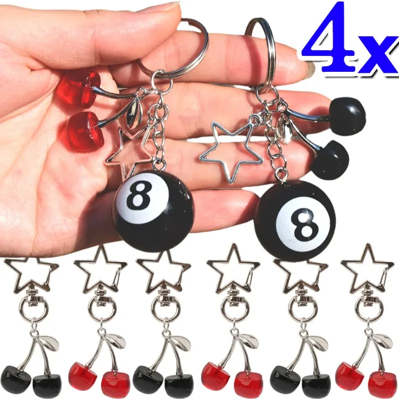 1/4Pcs Billiard Keychain Creative Red Cherry No.8 Keyrings Y2K Cute Backpack Stars Pendants Hangs Accessories for Friends Gifts