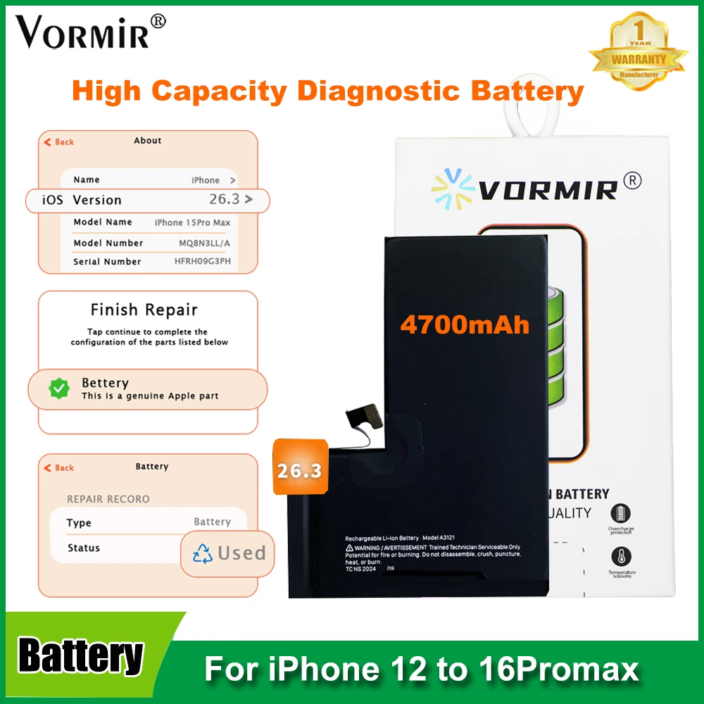5Pcs/lot Vormir Diagnostic Battery For iPhone 13 12mini 14 15Pro Max High Capacity Battery Shows Genuine Parts No Pop Up Message