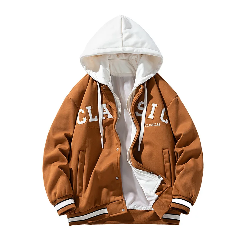 

New Fashion Men Hooded Baseball Jackets Fleece Warm Down Jackets Male Fake Two-piece Sweatshirt Jackets Winter Coats Size 4XL