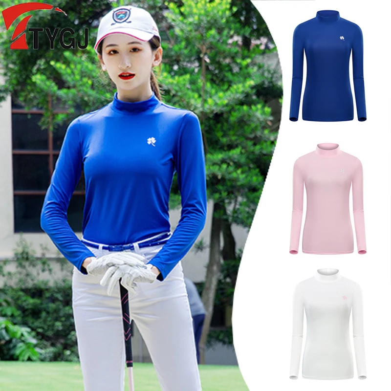 TTYGJ Autumn Spring Women Golf Shirts Ladies Long Sleeve Soft T Shirts Underlay High Neck Soft Top Slim Golf Clothing