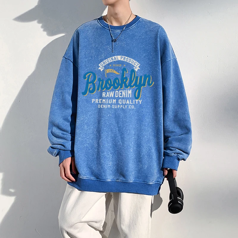 Autumn Men Washed Hoodie 1982 In Brooklyn Street Letter Printed Sweatshirts Cotton Oversize Warm Pullovers Casual Couple Clothes